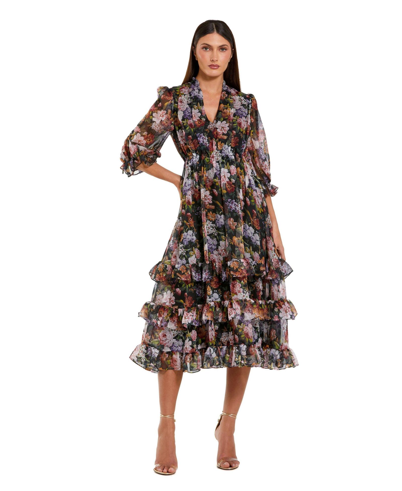 Mac Duggal Женское шифоновое миди-платье с рукавом 3/4 и рюшами