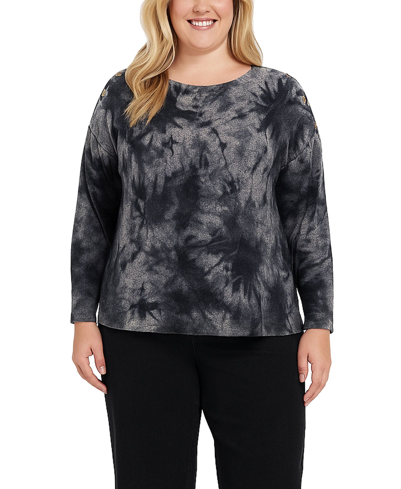 COIN 1804 Plus Size Tie Dye Cozy Button Shoulder Long Sleeve Top