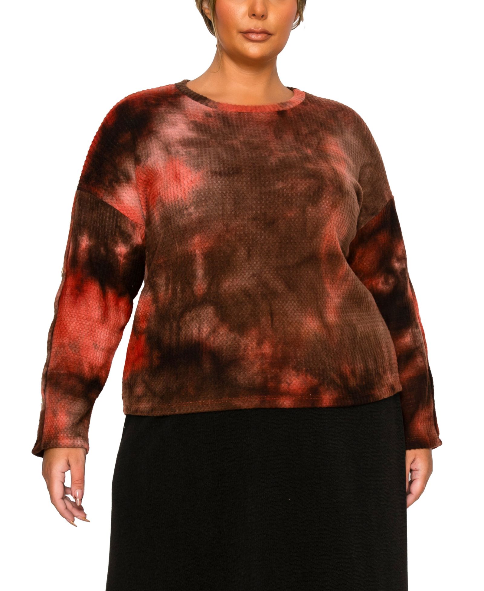 COIN 1804 Plus Size Brushed Tie Dye Waffle Crew Neck Top