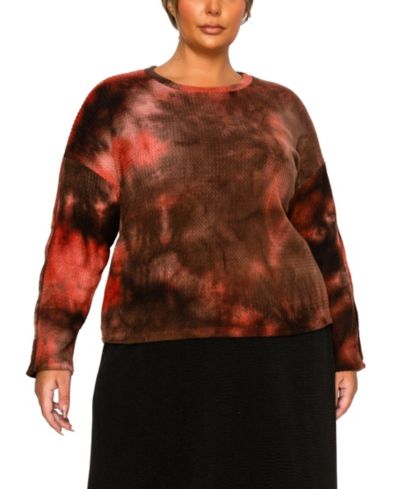 COIN 1804 Plus Size Brushed Tie Dye Waffle Crew Neck Top
