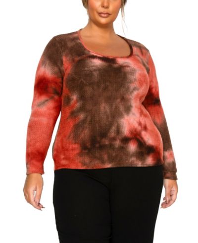COIN 1804 Plus Size Brushed Tie Dye Waffle Square Neck Top