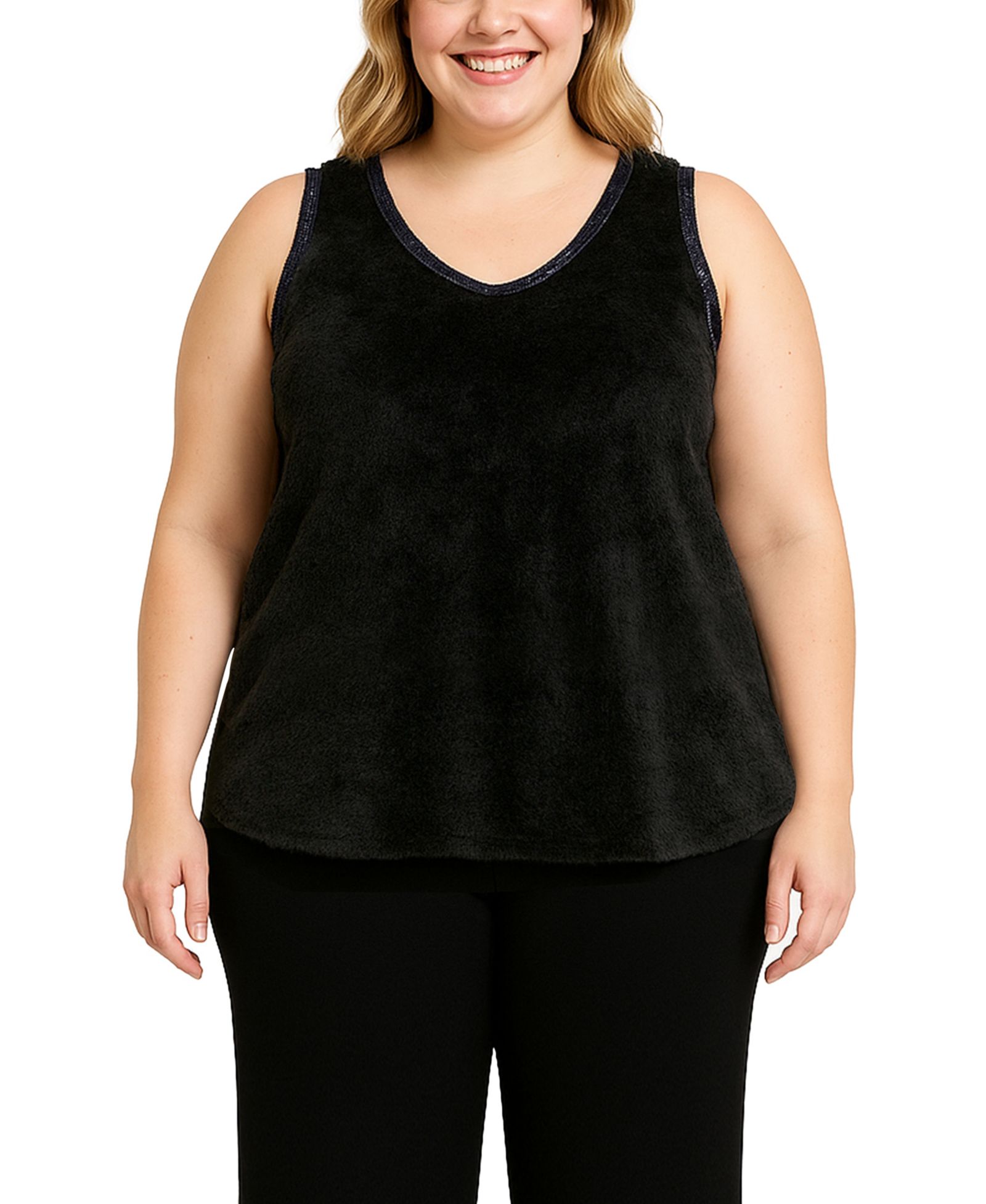 COIN 1804 Plus Size Cozy Rib Sequin Trim V Neck Tank Top
