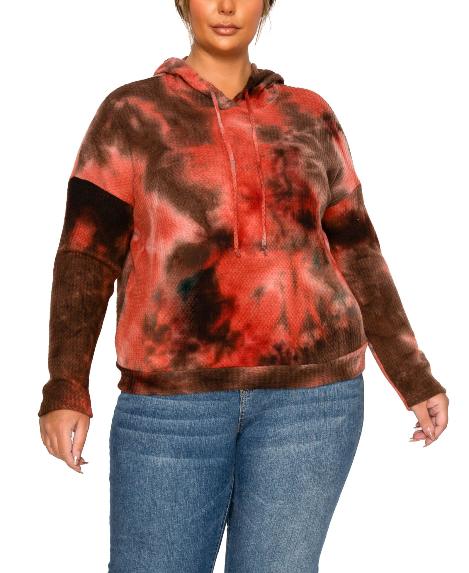 COIN 1804 Plus Size Brushed Tie Dye Waffle Drawstring Sweatshirt