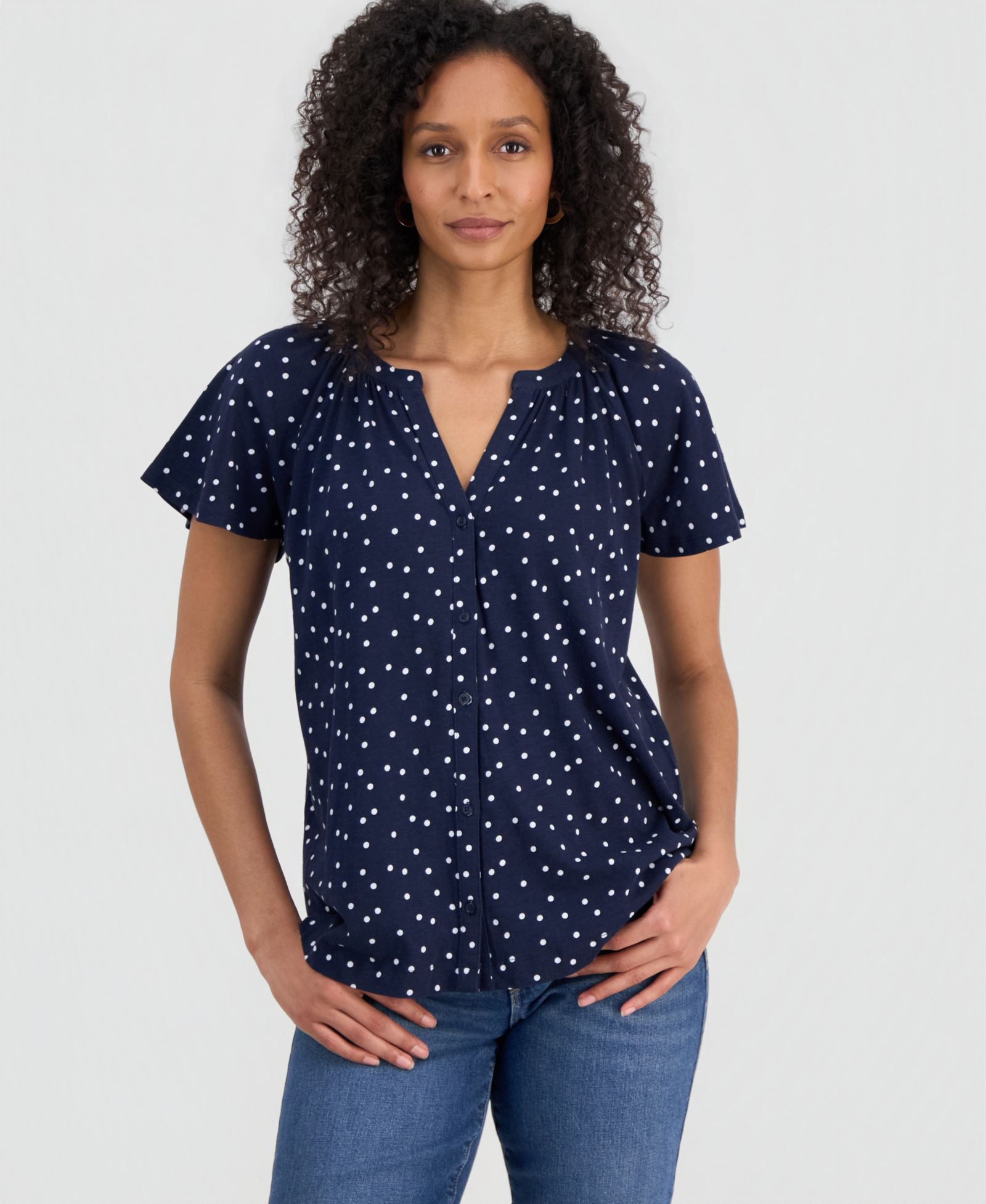 Style & Co Petite Button-Up Scattered Polka Y-Neck Shirt, Macy's Exclusive