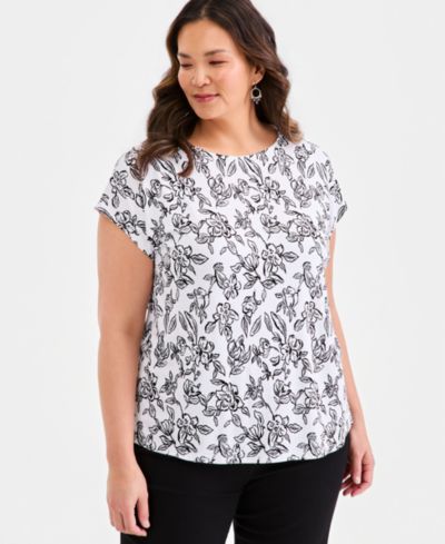 Style & Co Plus Printed Short-Sleeve Mixed-Media Tee, Macy's Exclusive