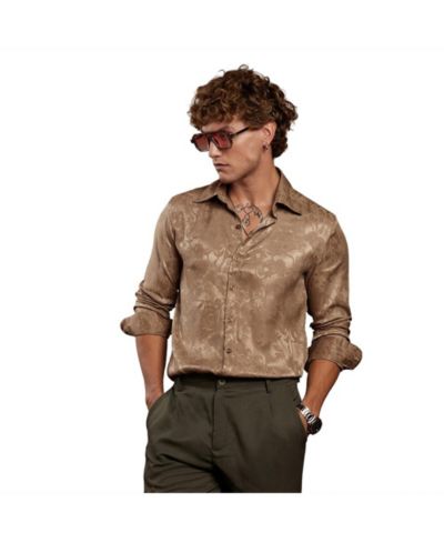 Cahoot Men's Campus Sutra Peanut Brown Flora-Textured Shirt