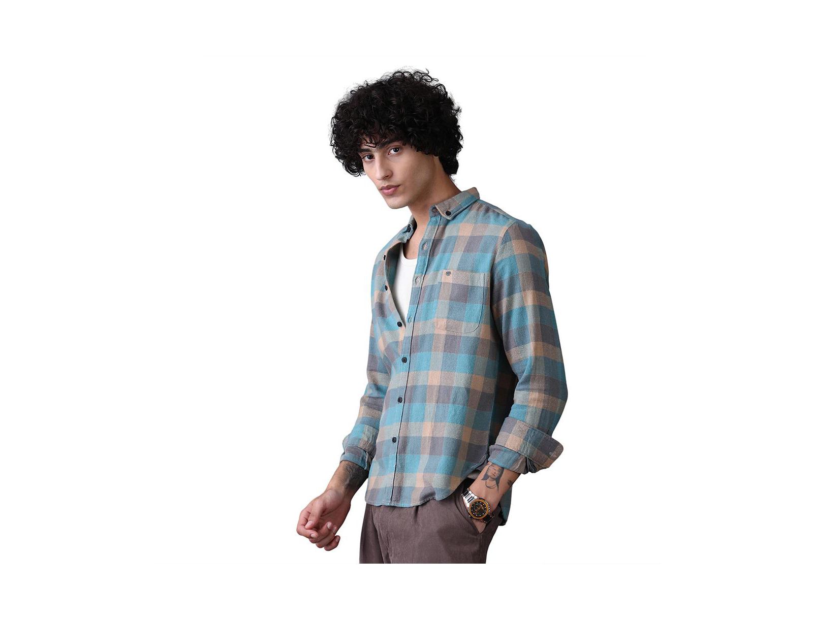Мужская рубашка Campus Sutra Sky Blue & Ecru Beige Block-Buffalo Regular
