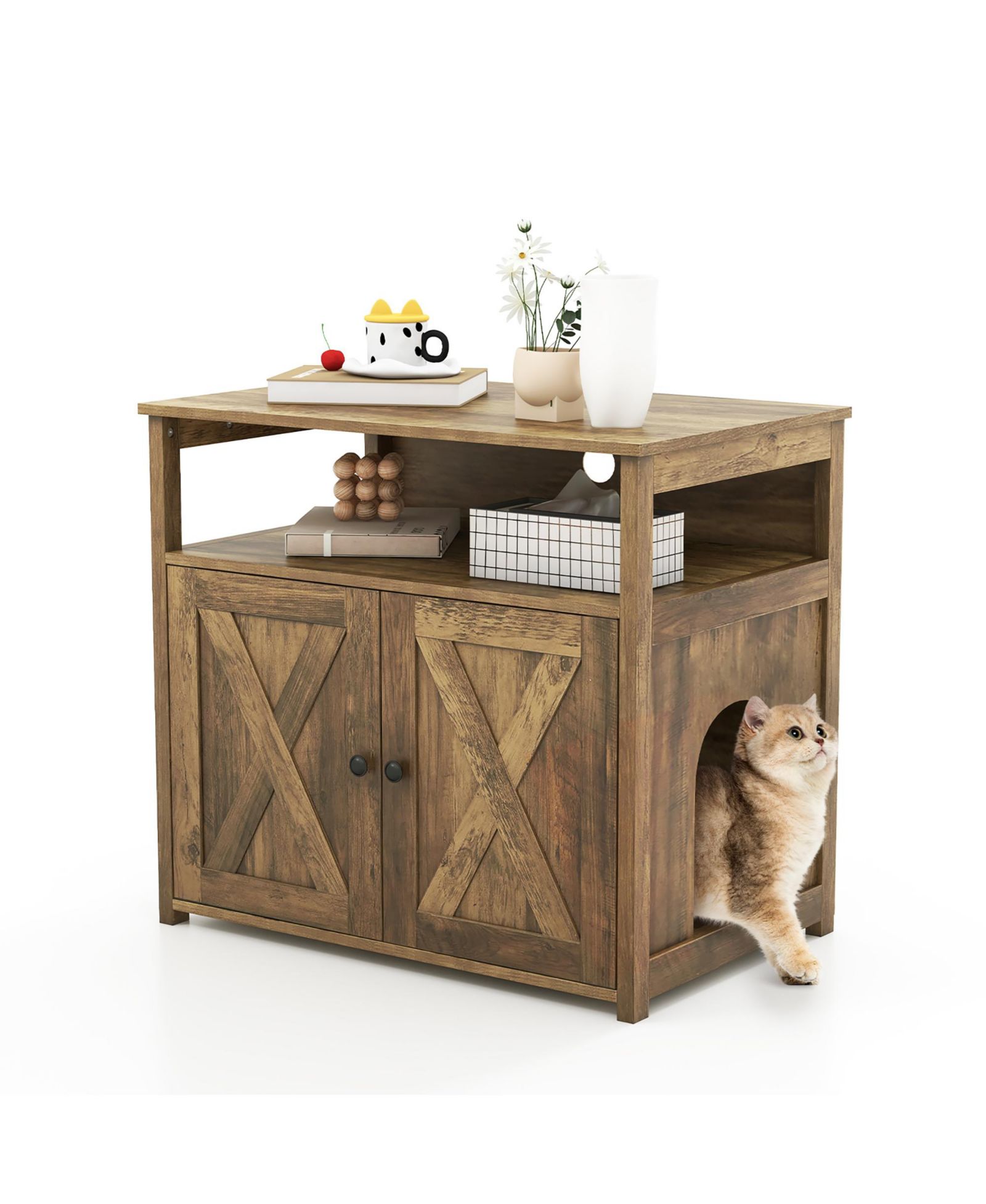 Gymax Cat Litter Box Enclosure w/ Double Barn Doors Divider Side Entry Storage Shelf