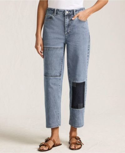 Lands' End Women's Soft Denim Mid Rise Relaxed Straight Crop Patchwork Jeans