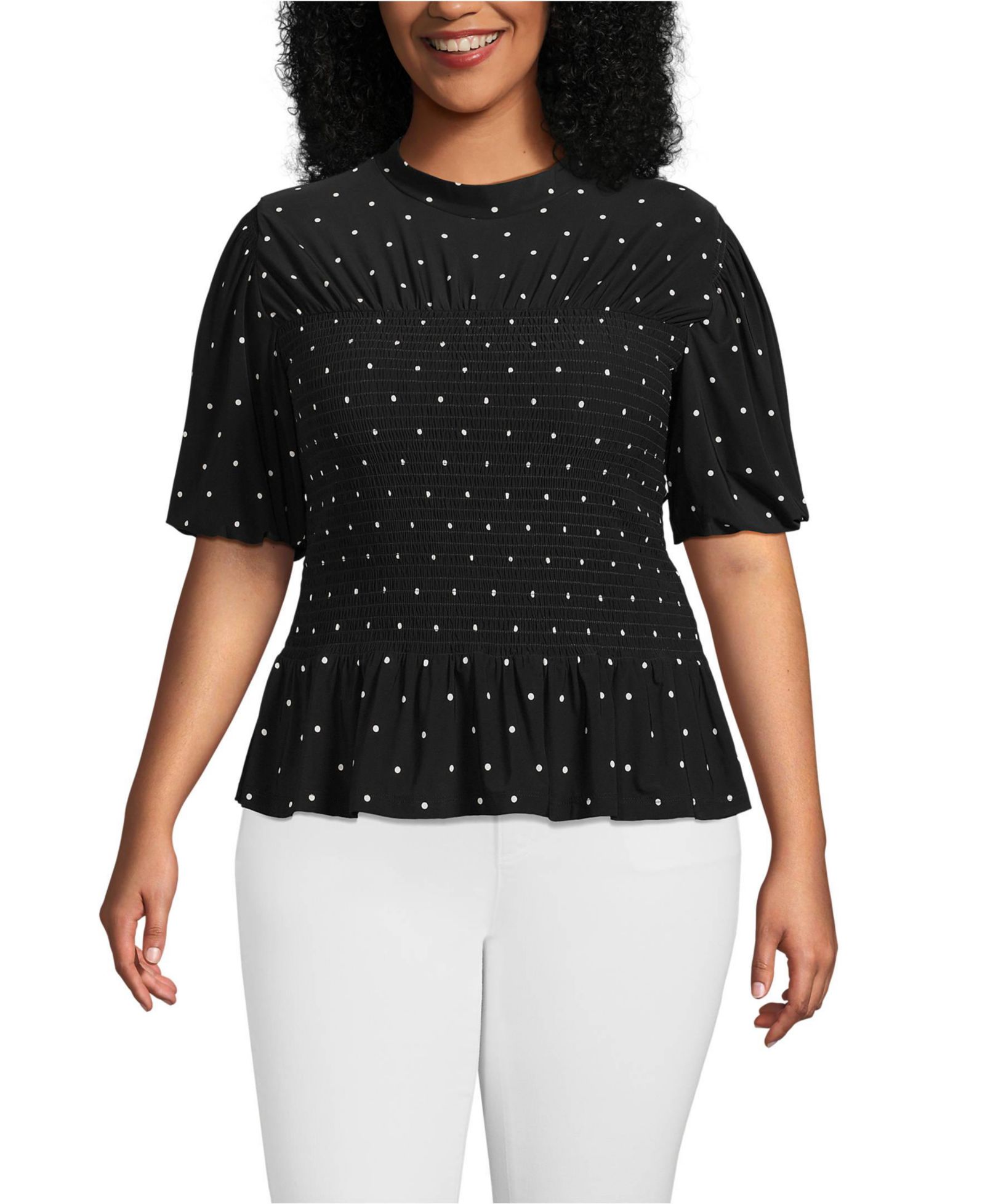 Lands' End Plus Size Bubble Sleeve Silky Knit Smocked Mock Neck Top