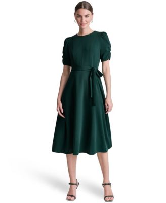 DKNY Women's Short-Sleeve Scuba Crepe Belted Fit and Flare Midi Dress