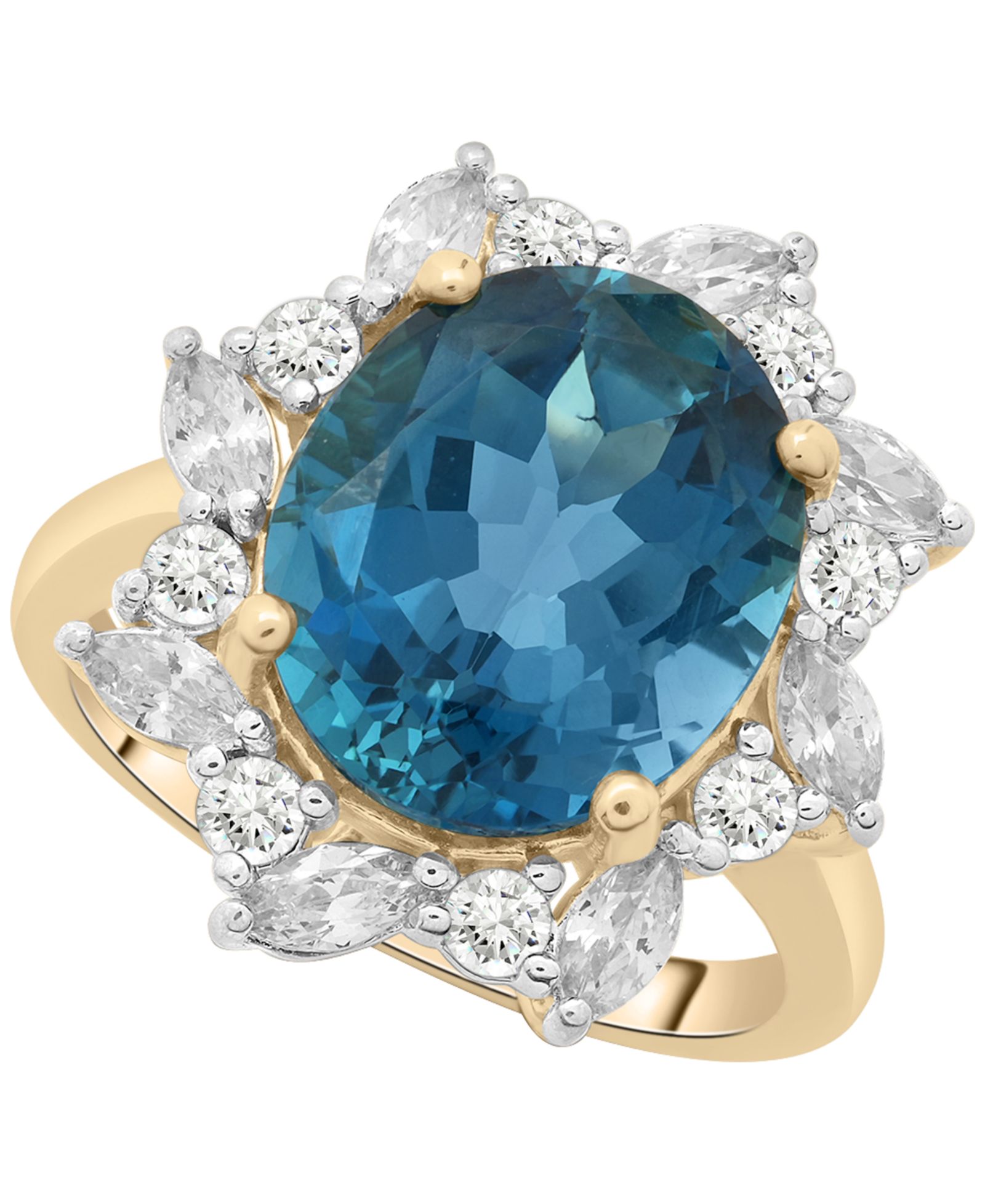Кольцо с London Blue Topaz и White Sapphire в желтом золоте 14k