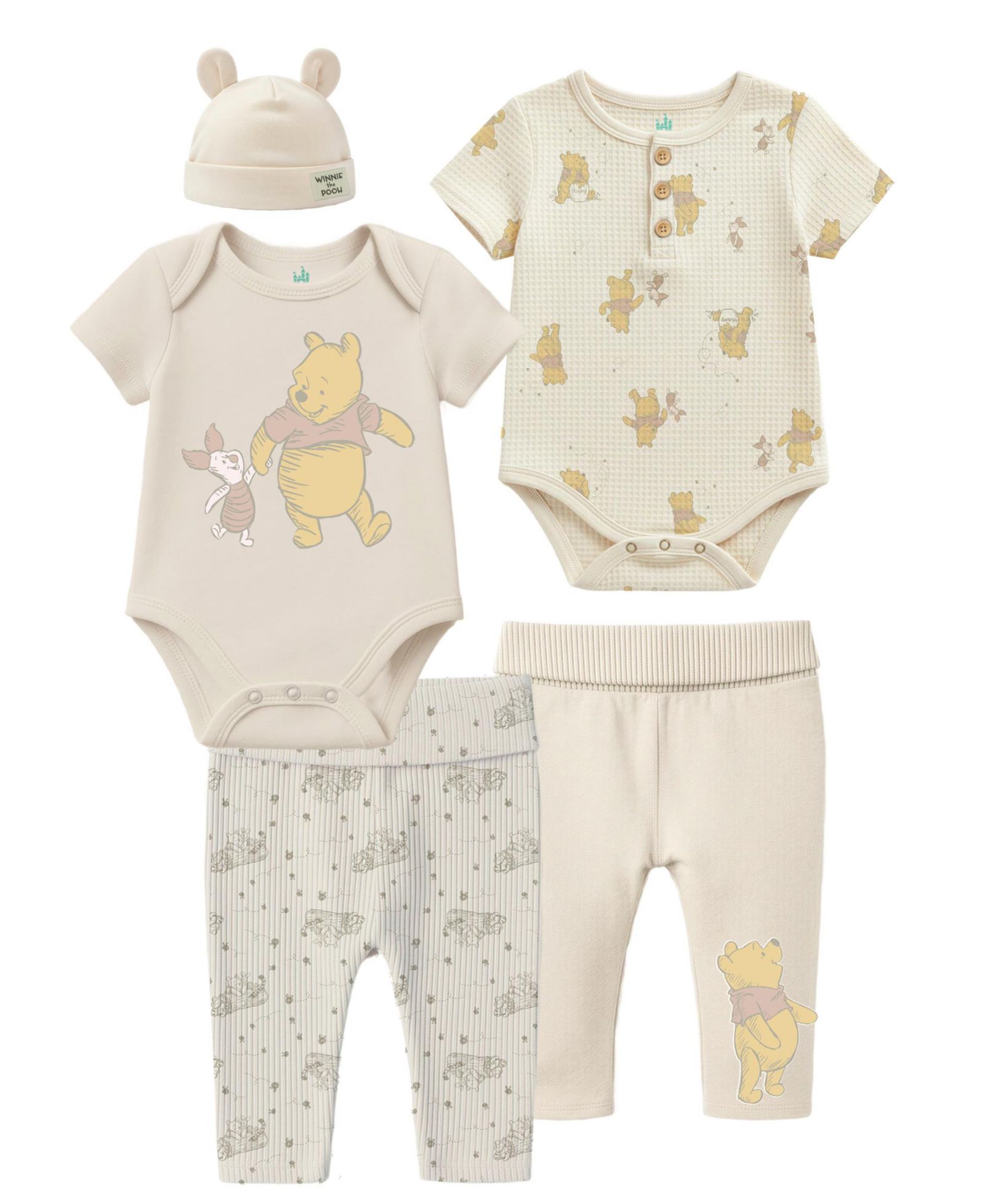 Disney Baby Boys' or Baby Girls' Winnie the Pooh Short-Sleeve Bodysuit, Pants and Hat, 5-Piece Set