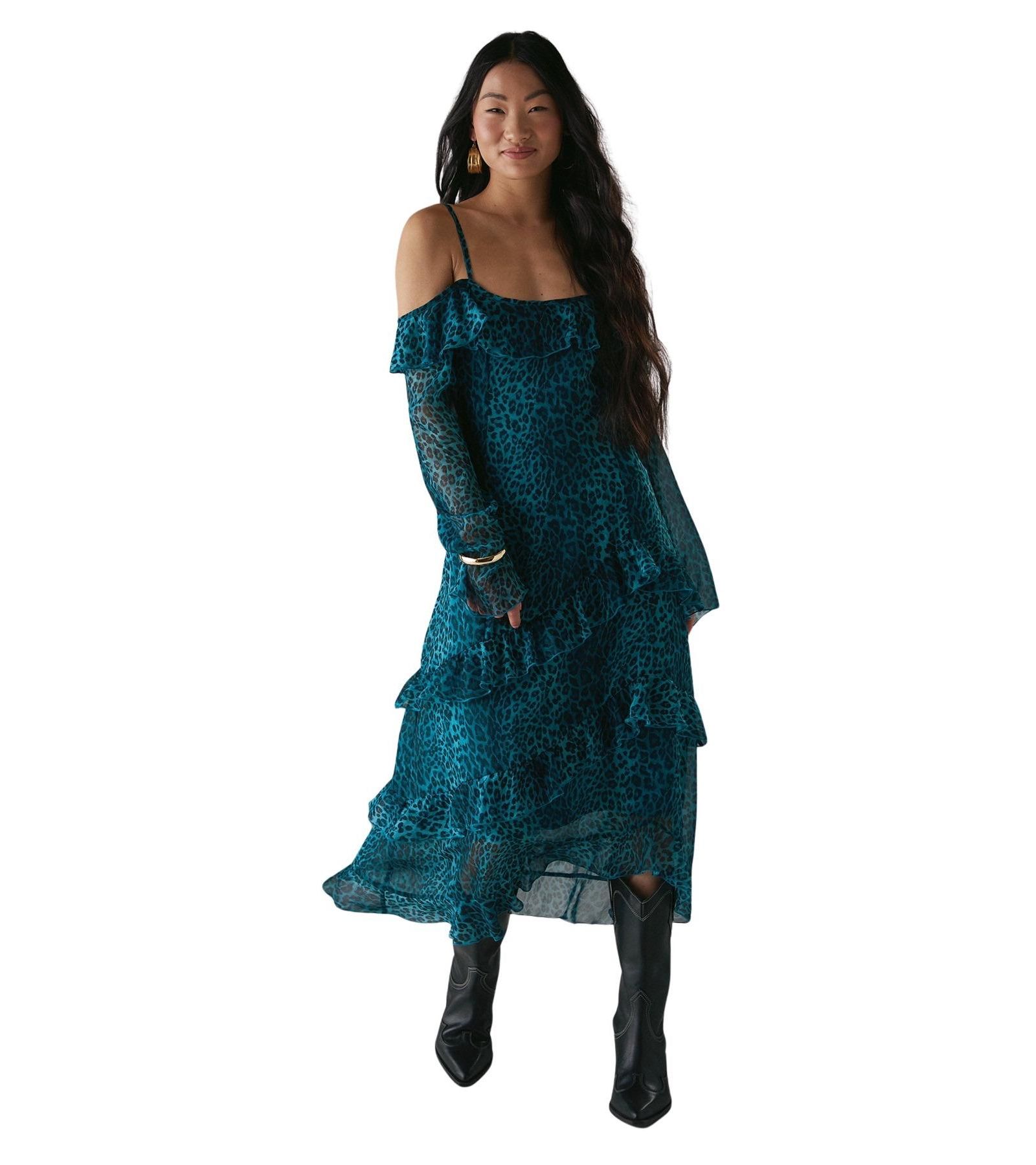 Warehouse Women's Ruffle Cold Shoulder Midi Dress