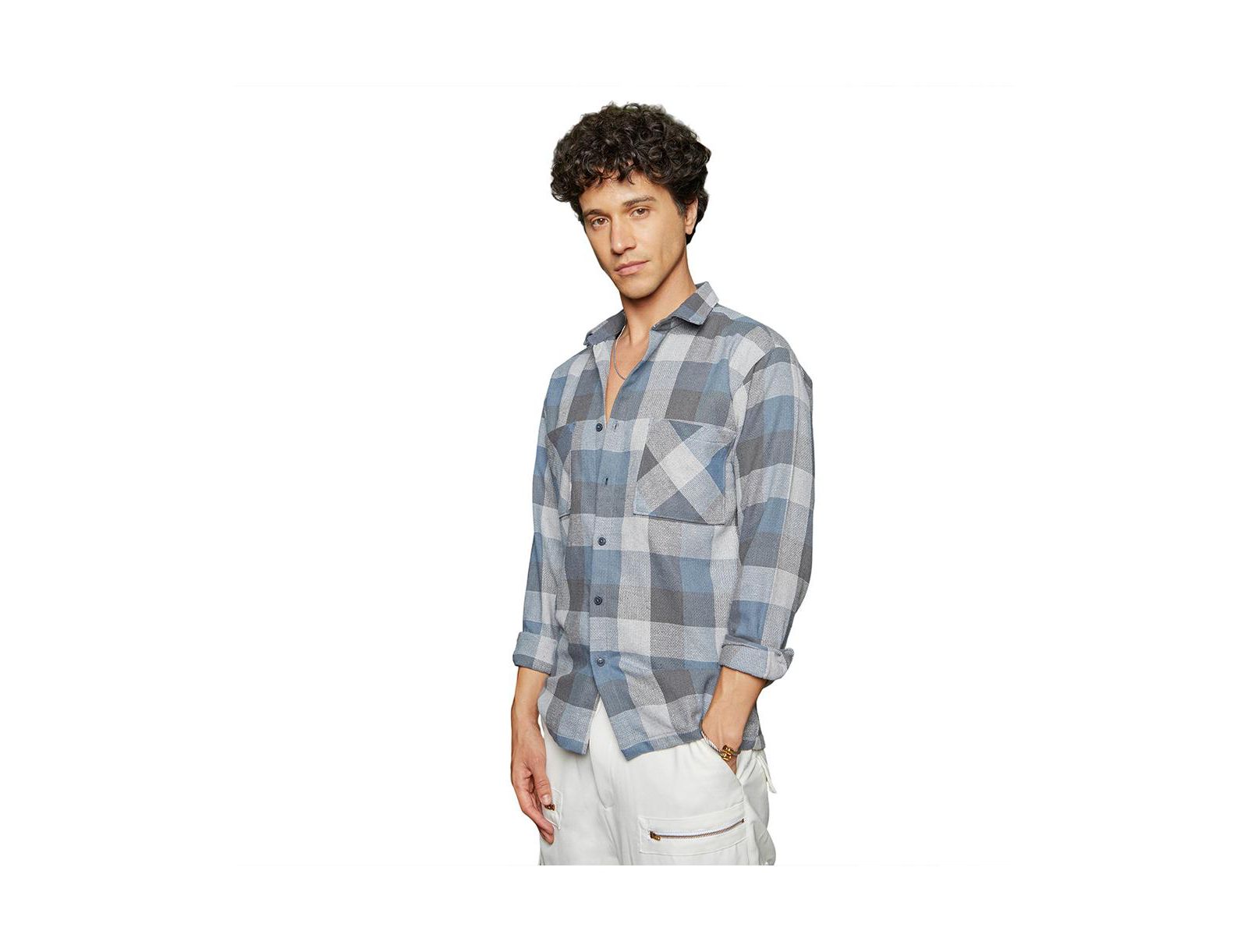 Campus Sutra Men's Icy Blue & Ash Grey Checkered Utility Shacket