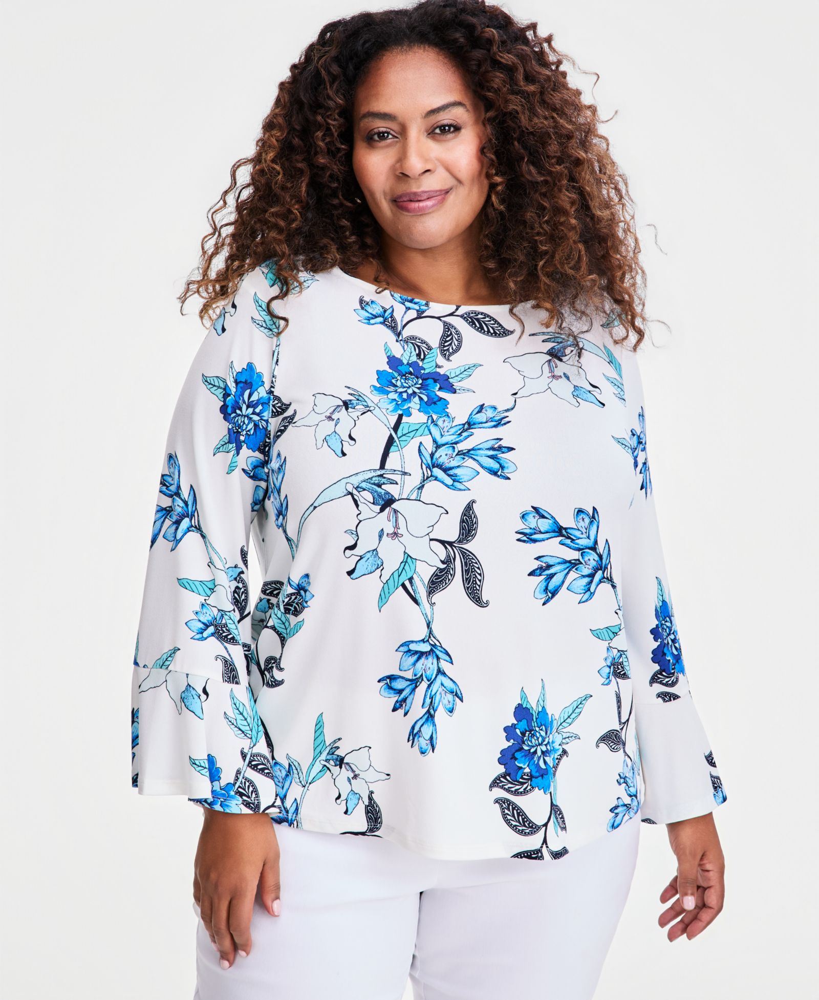 JM Collection Plus Size топ с расклешенными рукавами и вырезом лодочкой, Winding Leaves