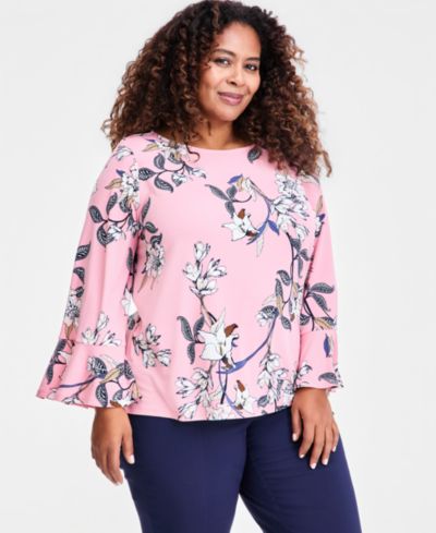 JM Collection Plus Size топ с расклешенными рукавами и вырезом лодочкой, Winding Leaves