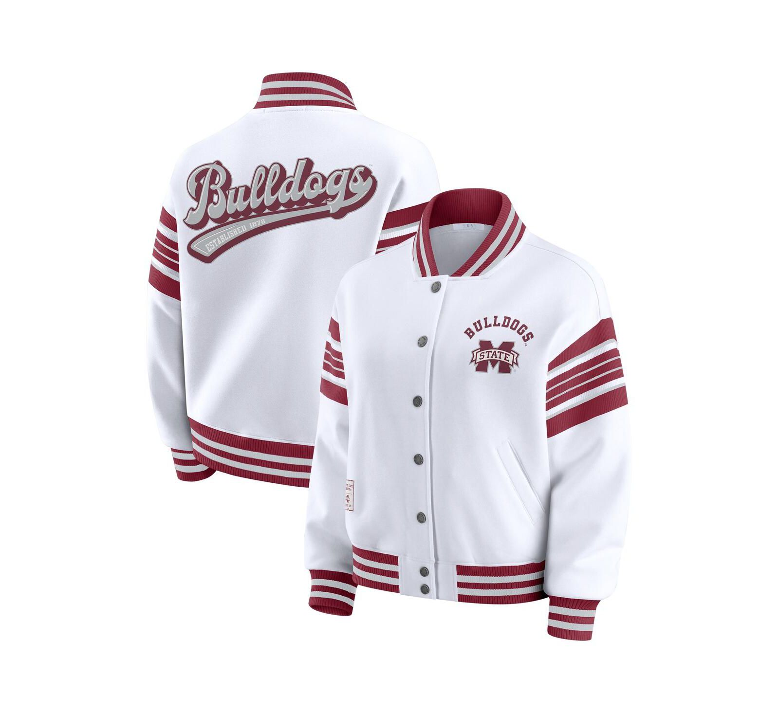 WEAR by Erin Andrews Women's White/Maroon Mississippi State Bulldogs Satin Stitch Full-Snap Fleece Sweatshirt Jacket