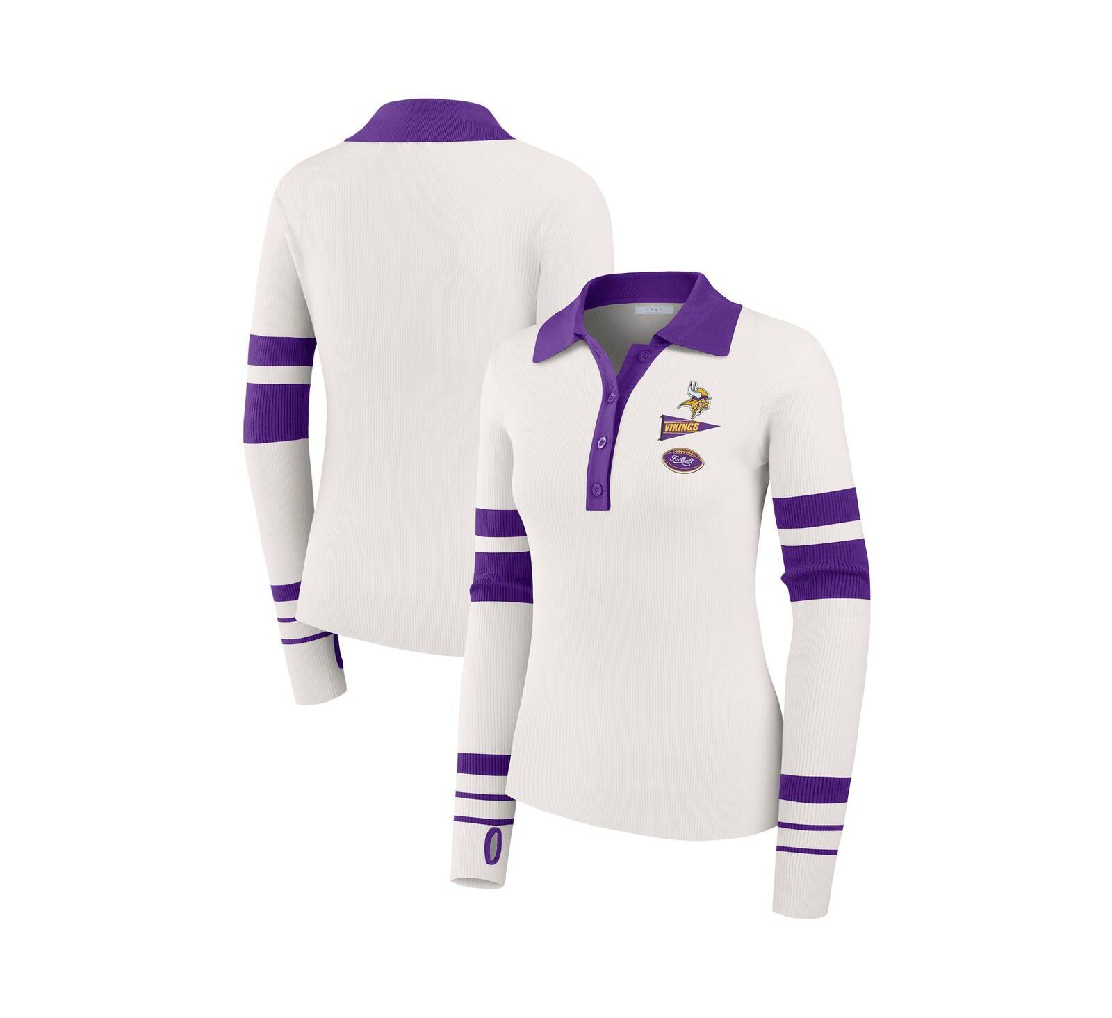 WEAR by Erin Andrews Women's White Minnesota Vikings Ribbed Henley Polo Shirt
