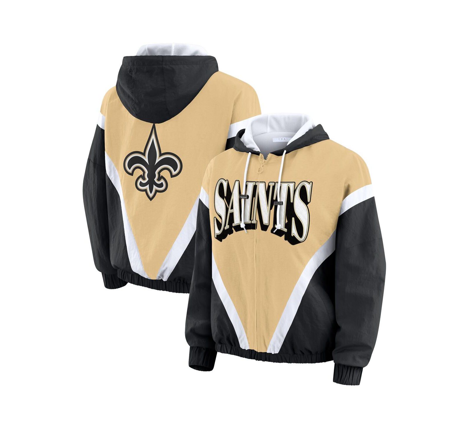 WEAR by Erin Andrews Women's Gold/Black New Orleans Saints Retro Crinkle Full-Zip Hoodie Windbreaker