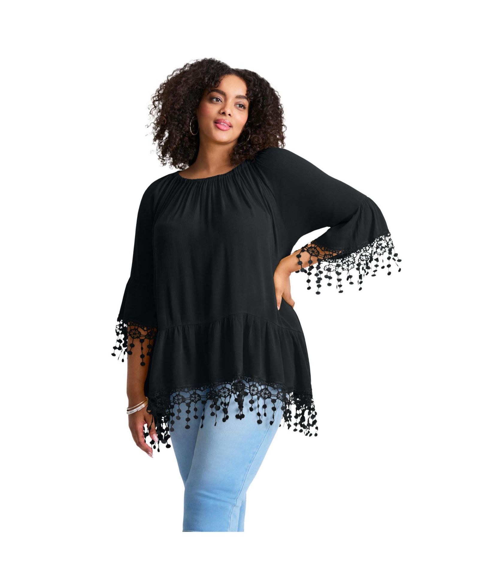 AVENUE Women's Crochet Fringe Trim Tunic