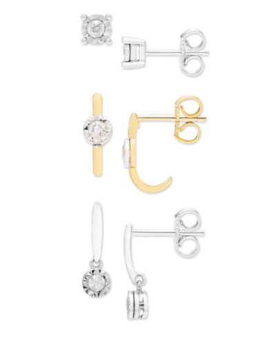 Серьги-гвоздики с бриллиантами 3 шт. (1/4 ct. t.w.) из стерлингового серебра и золота поверх серебра