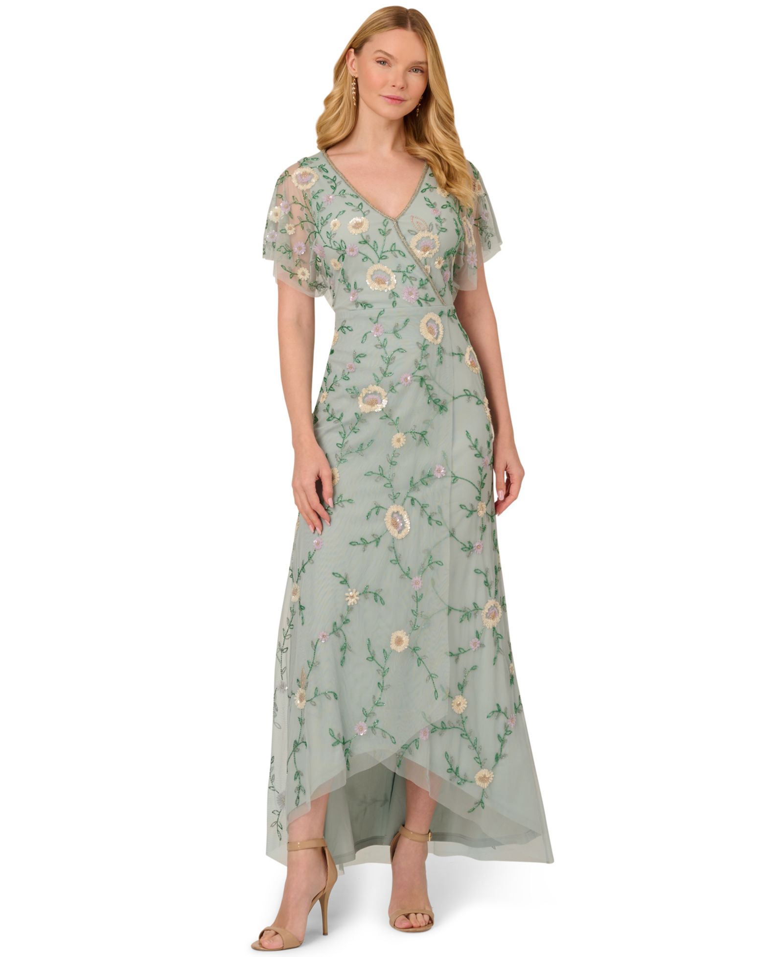 Adrianna Papell Petite V-Neck Beaded Mesh Gown