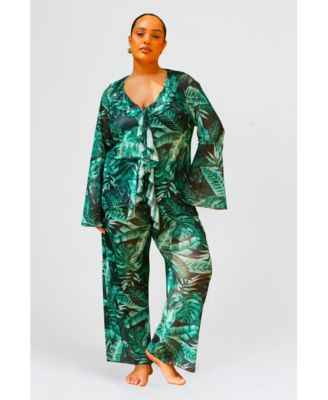 FASHION-SZN CURVE Women's Palm Print Wide Leg Resort Pants