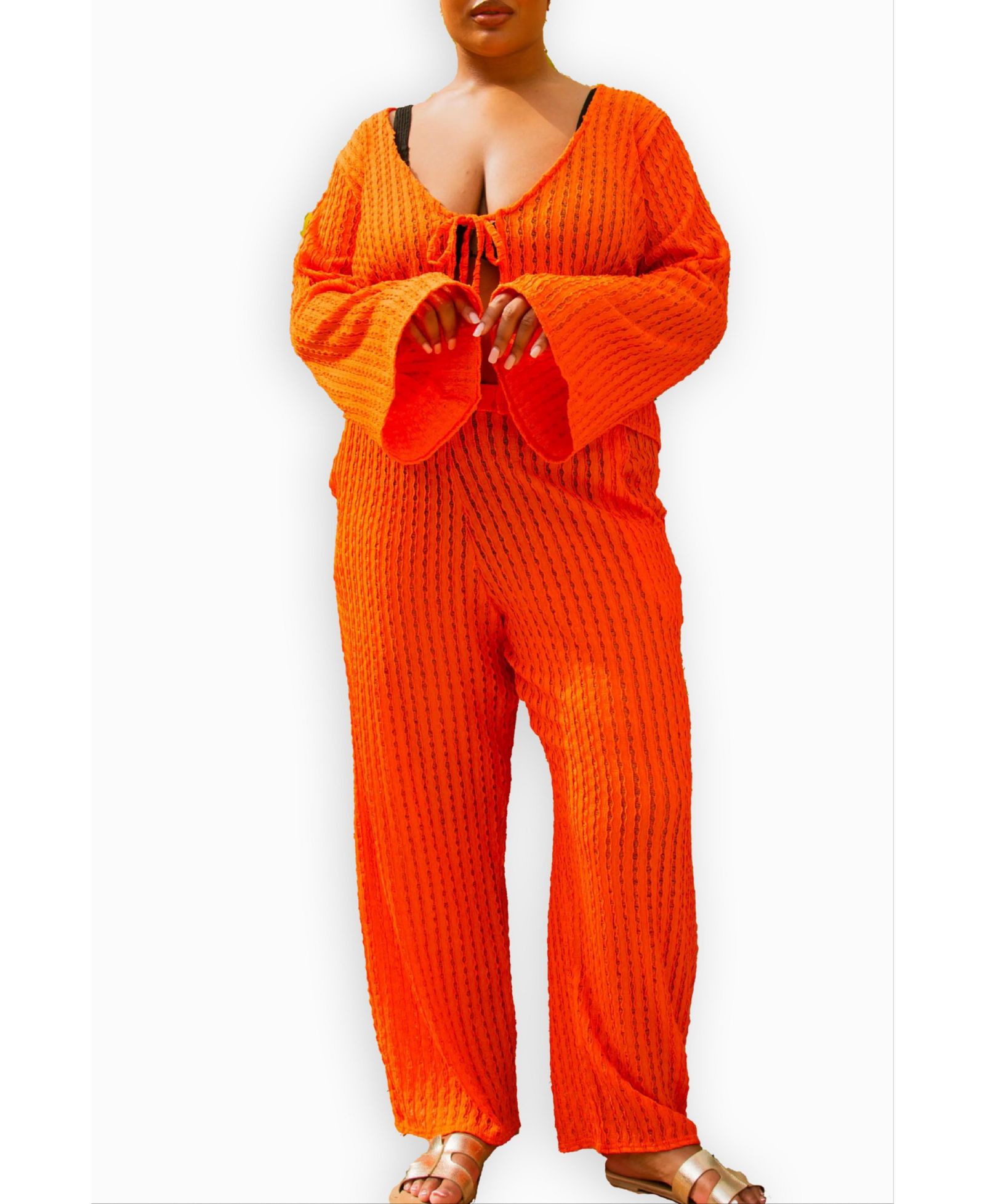 Женский топ FASHION-SZN CURVE Crochet Tie Front Flare Sleeve