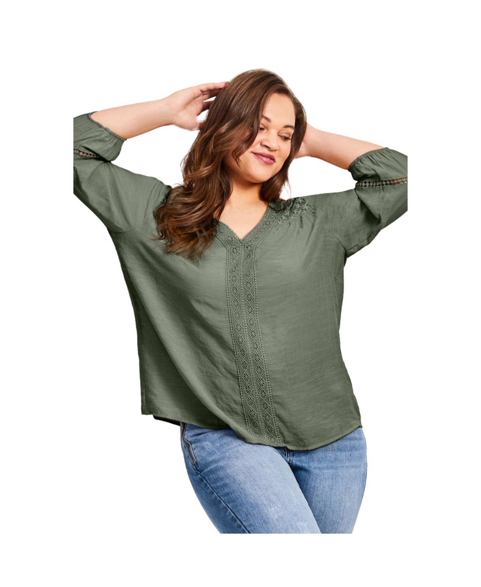 Avenue Women's Plus Size Embroidered Lace Detail Peasant Blouse