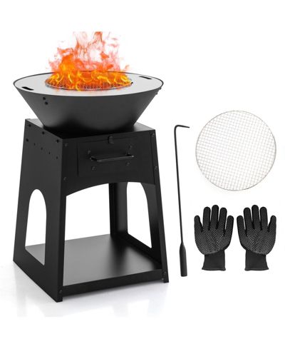 Patio Fire Pit with Firewood Log Rack with Grill and Ash Box