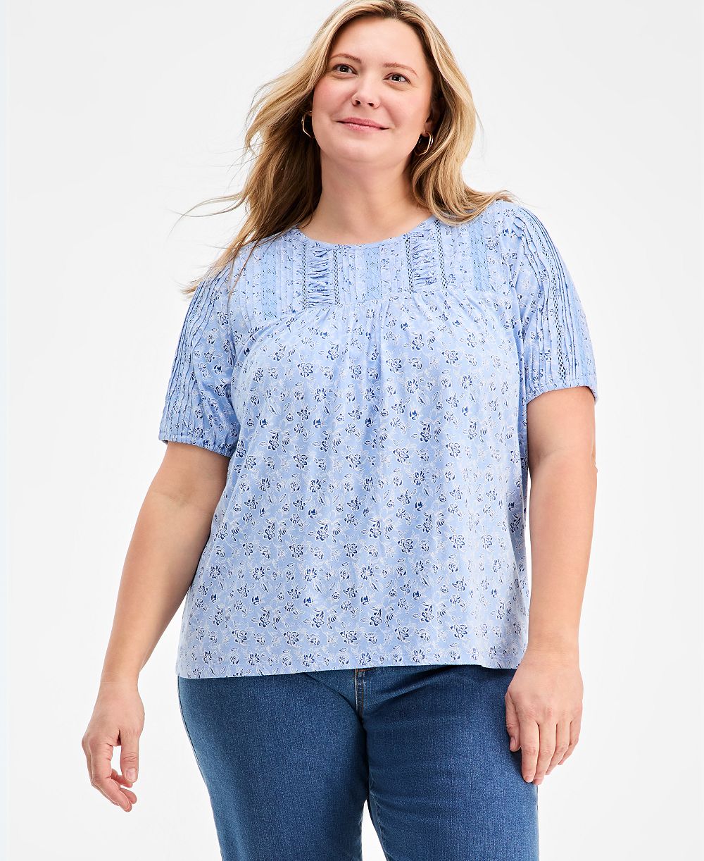 Style & Co Plus Size Printed Lace-Trimmed Knit Top, Macy's Exclusive