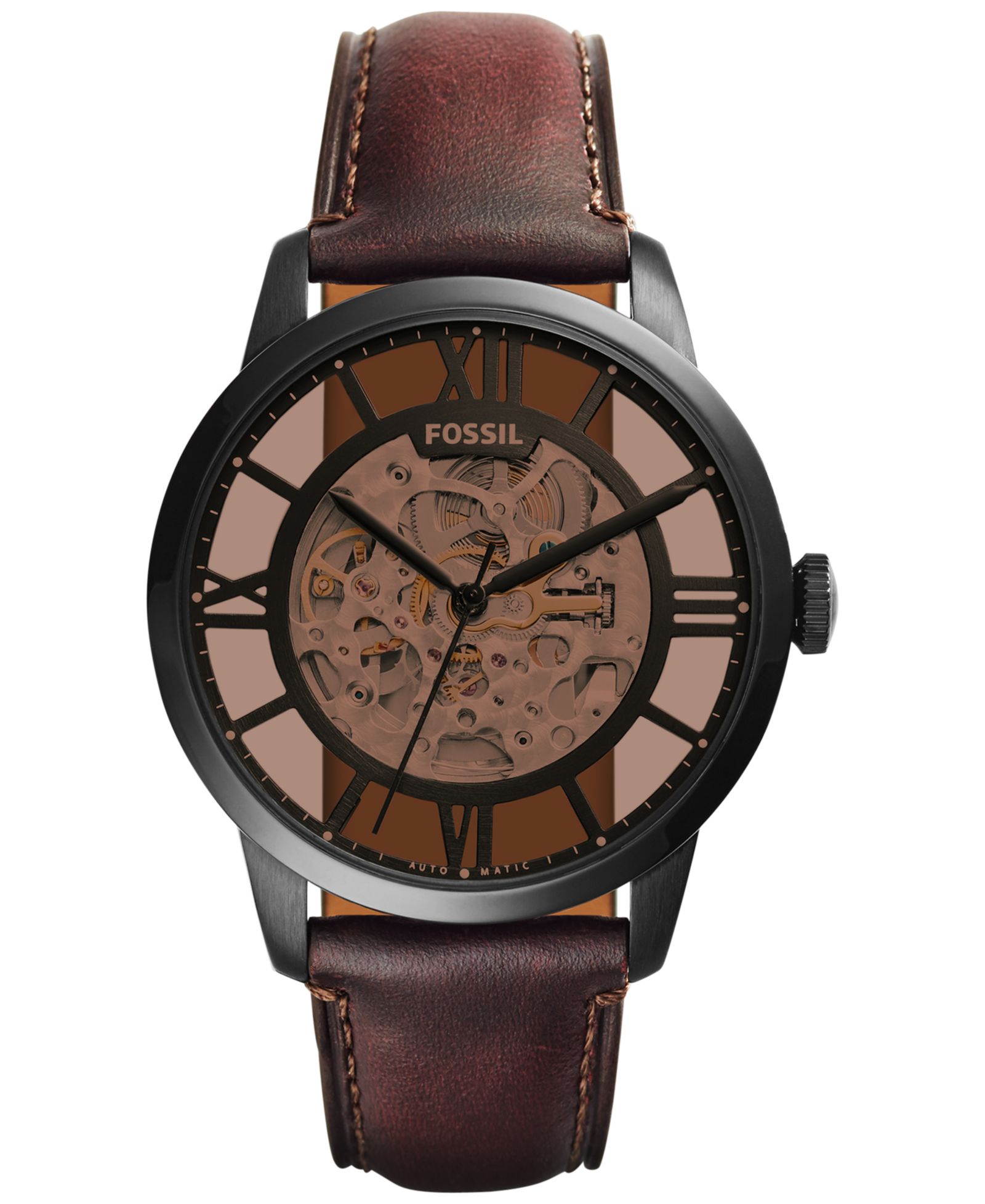 Fossil Men's Automatic Townsman Dark Brown Leather Strap Watch 44mm ME3098