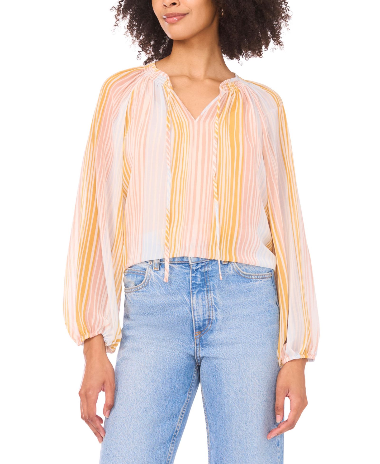 Vince Camuto Women's Shirring Peasant Tie V-Neck Blouse