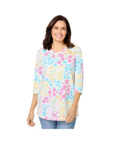 Woman Within Women's Within Perfect Printed Three-Quarter Sleeve V-Neck Tee