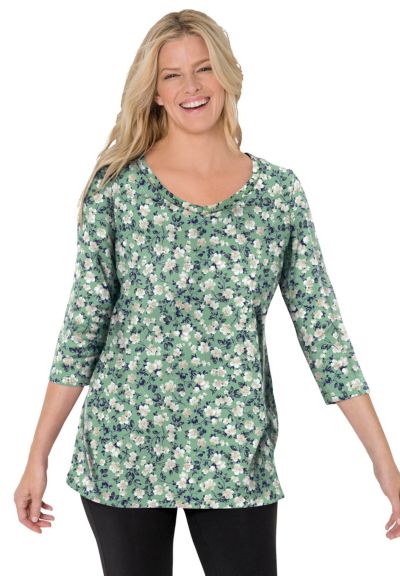 Женская футболка Woman Within Perfect Printed Three-Quarter Sleeve V-Neck