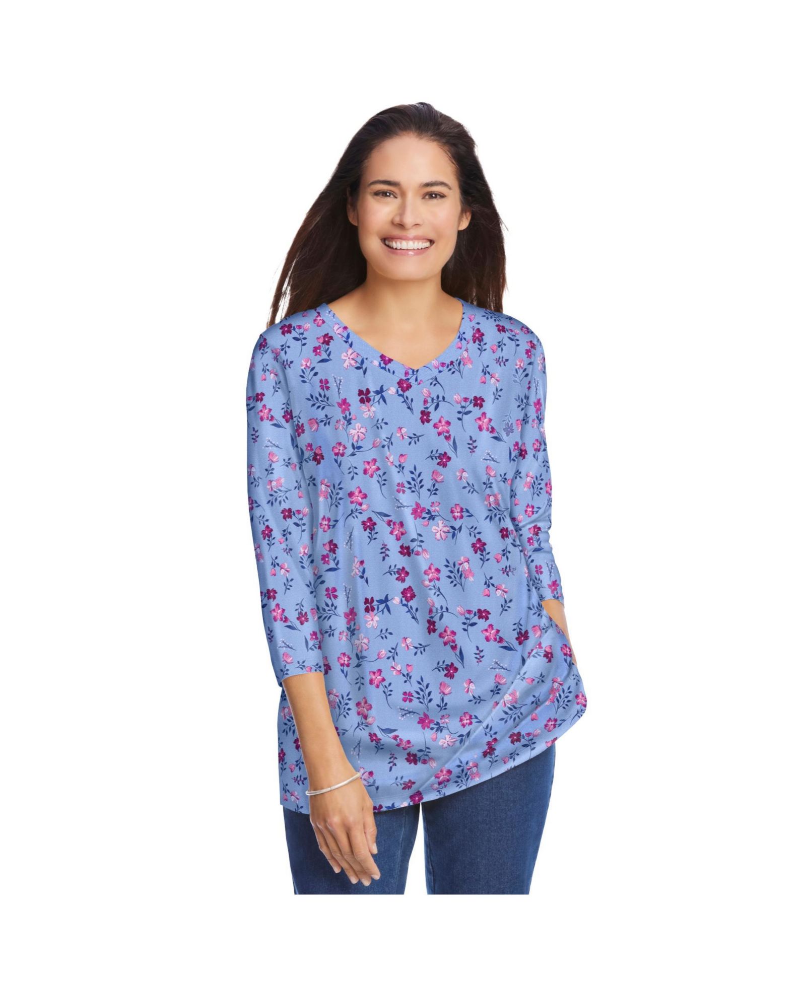 Woman Within Women's Within Perfect Printed Three-Quarter Sleeve V-Neck Tee