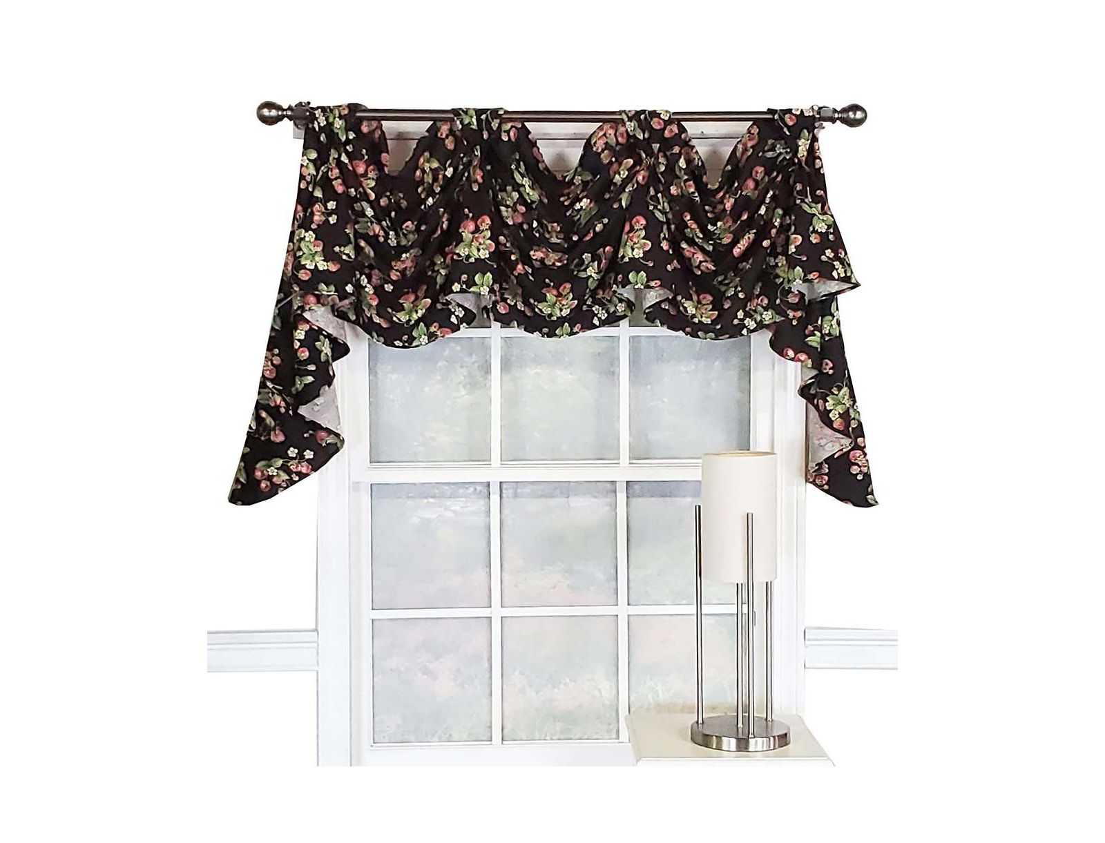 RLF Home Strawberry Fields 3-Scoop Victory Swag Window Valance with 4" Top Tabs 50" x 18" Black