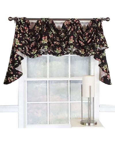 RLF Home Strawberry Fields 3-Scoop Victory Swag Window Valance with 4" Top Tabs 50" x 18" Black