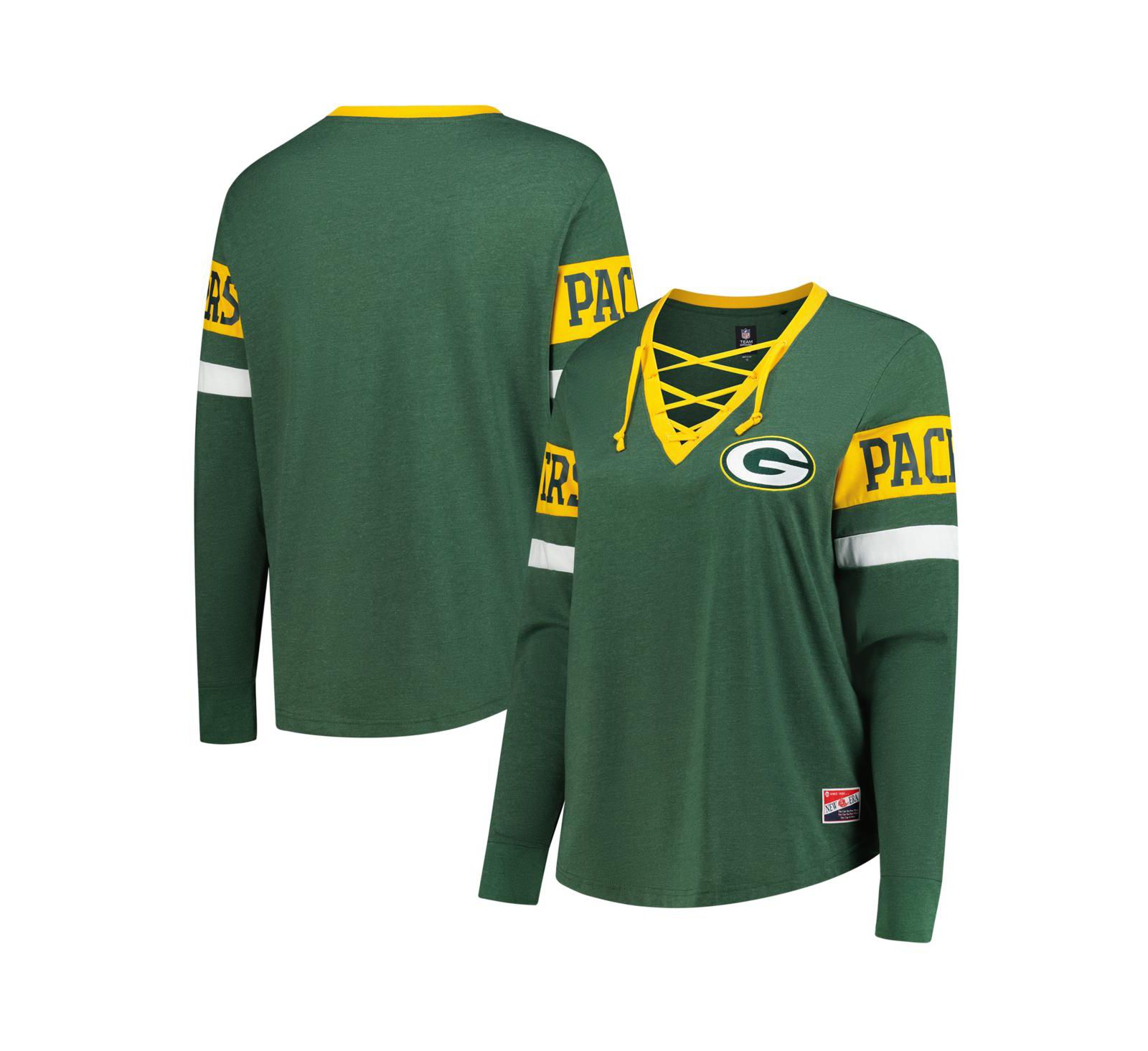 Женская футболка New Era Green Bay Packers Plus Size Throwback Lace-Up Long Sleeve