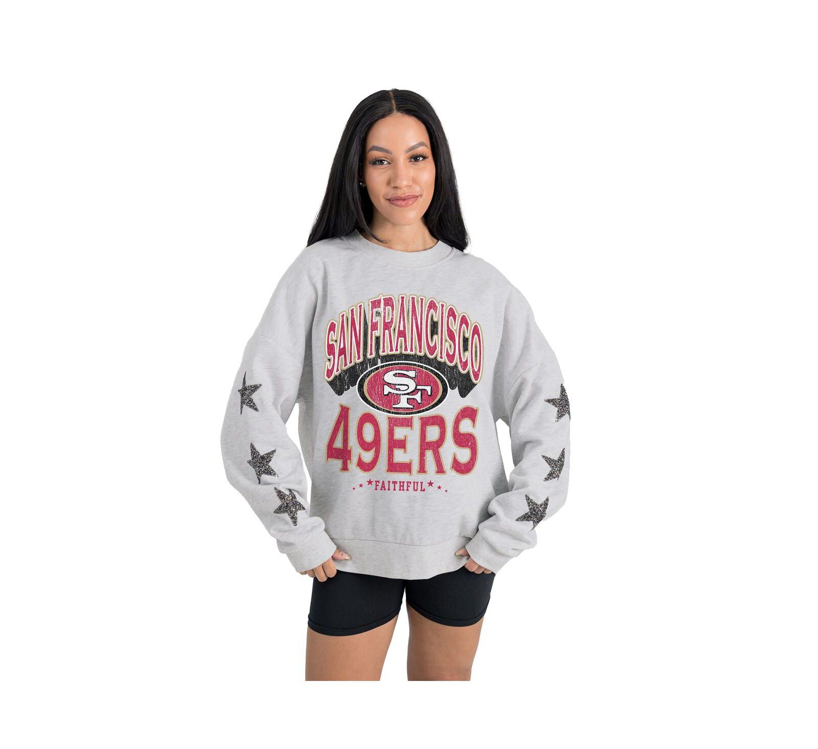 Gameday Couture Women's Ash San Francisco 49ers Resilience Relaxed Rhinestone Pullover Sweatshirt