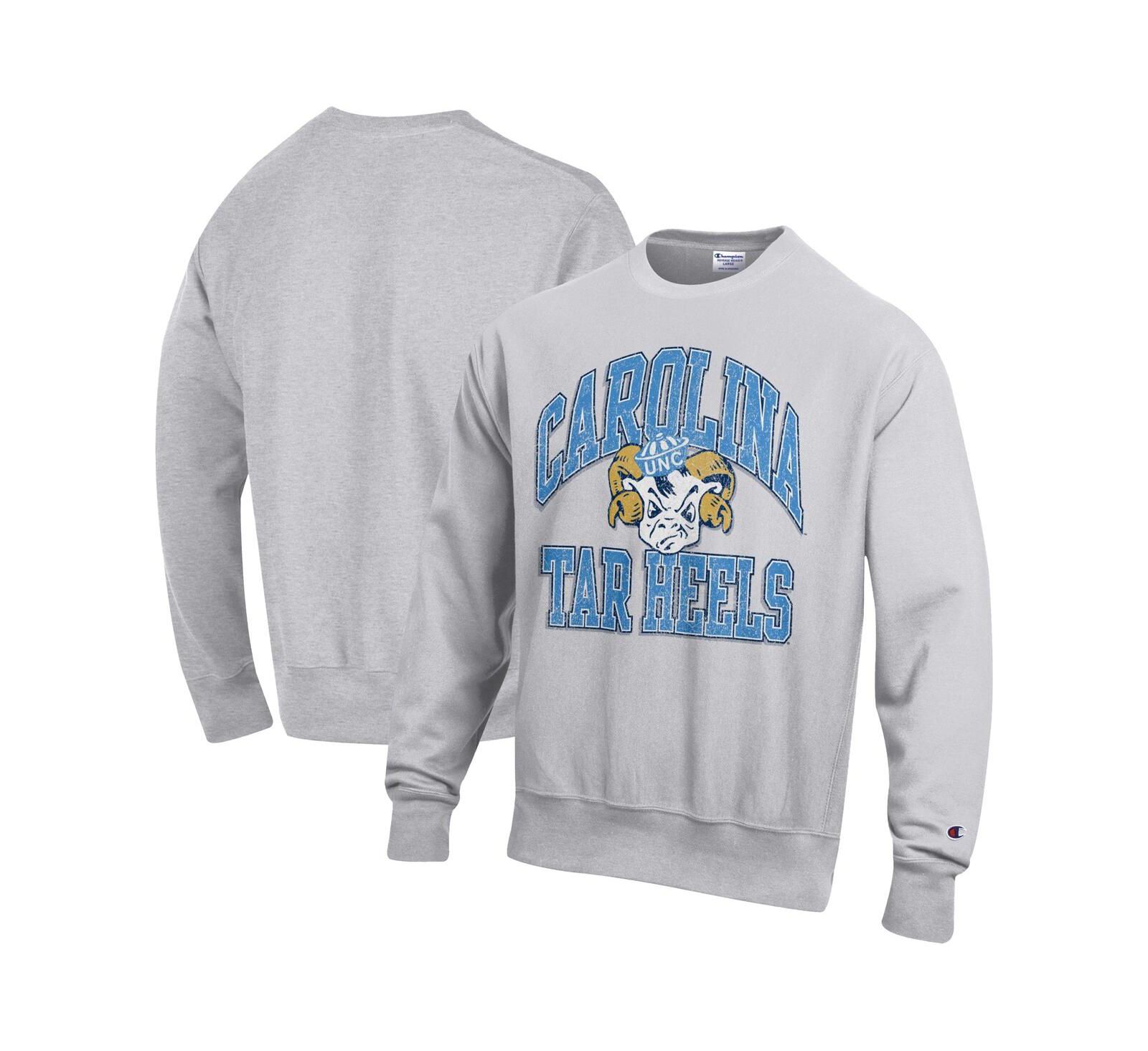 Champion Men's Gray North Carolina Tar Heels Distressed Arch Over Logo Reverse Weave Crew Neck Sweatshirt