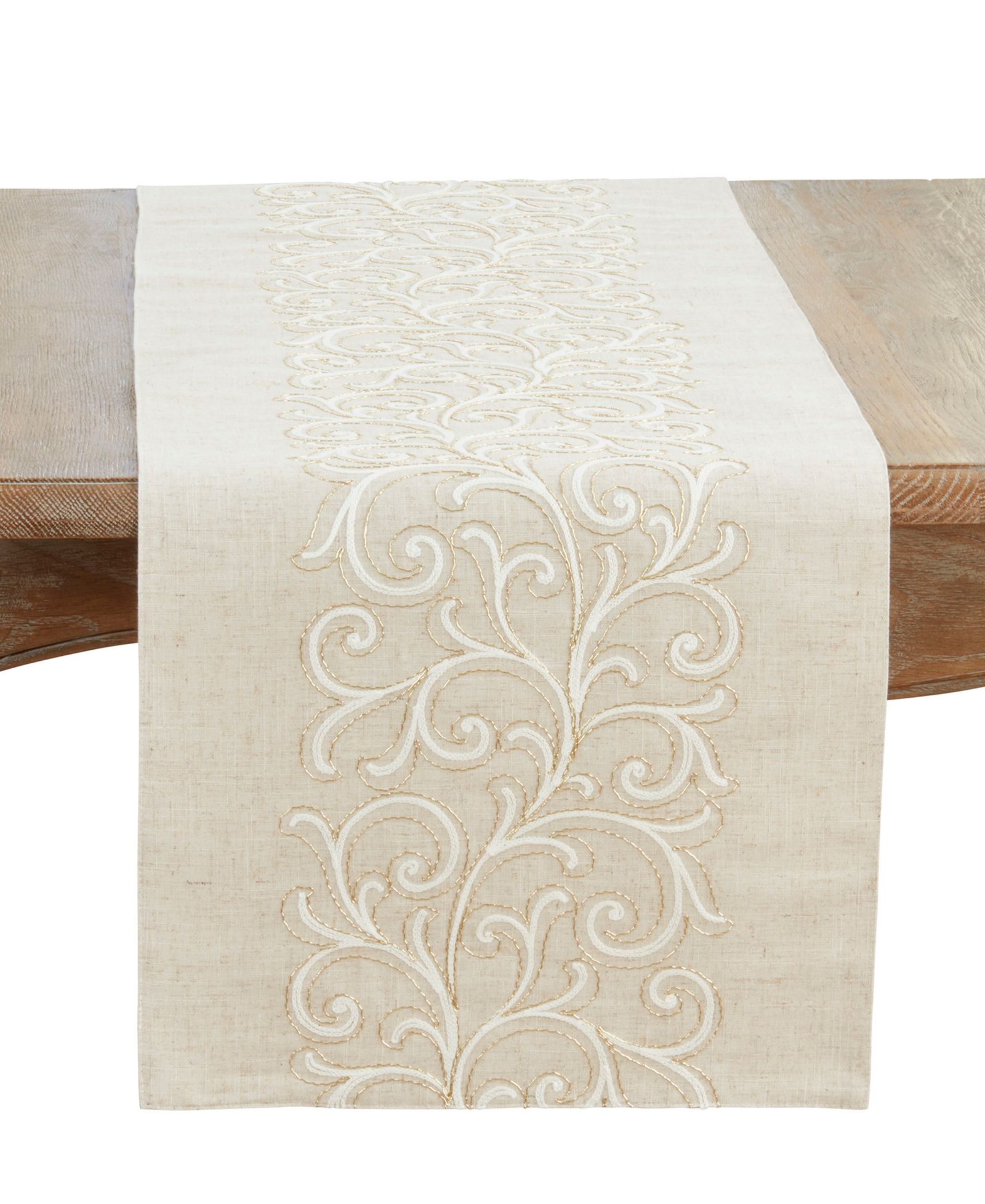 Saro Lifestyle Linen Blend Embroidered Scroll Table Runner, 16" x 70"