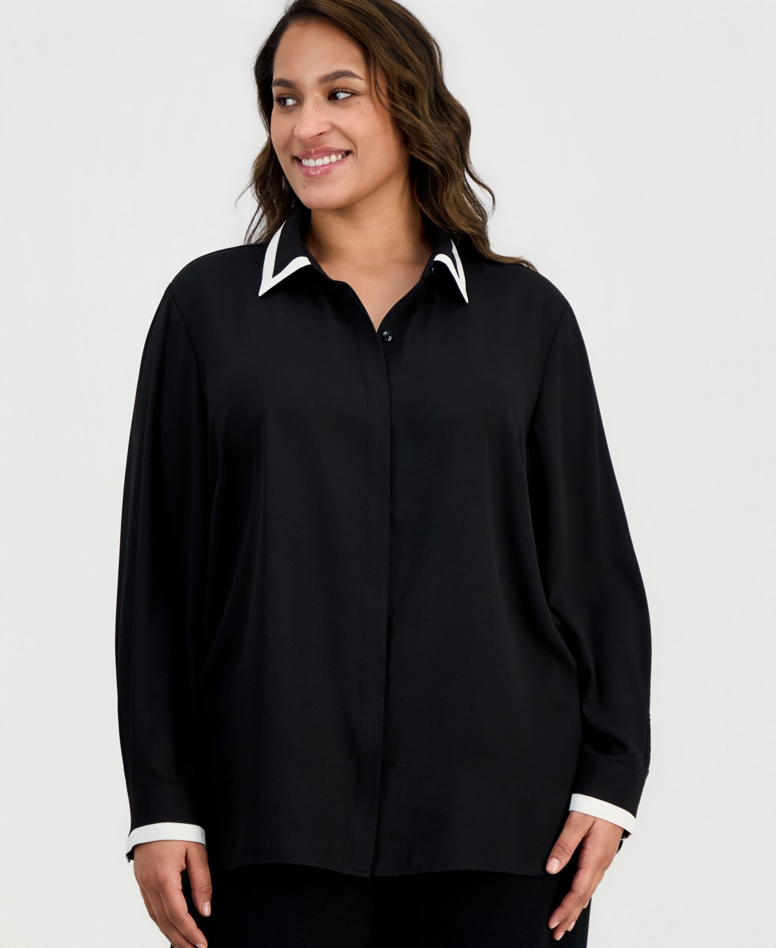 Anne Klein Plus Size Spread-Collar Button-Front Blouse