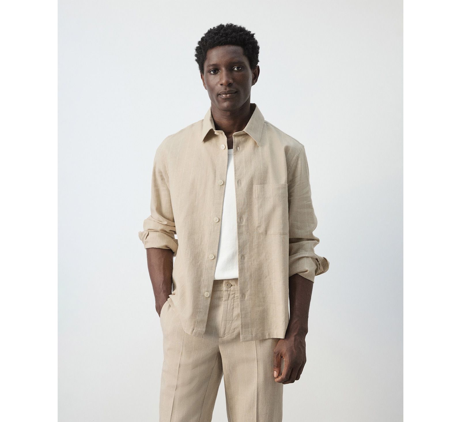 Мужская рубашка Mango Linen and Cotton Blend Striped