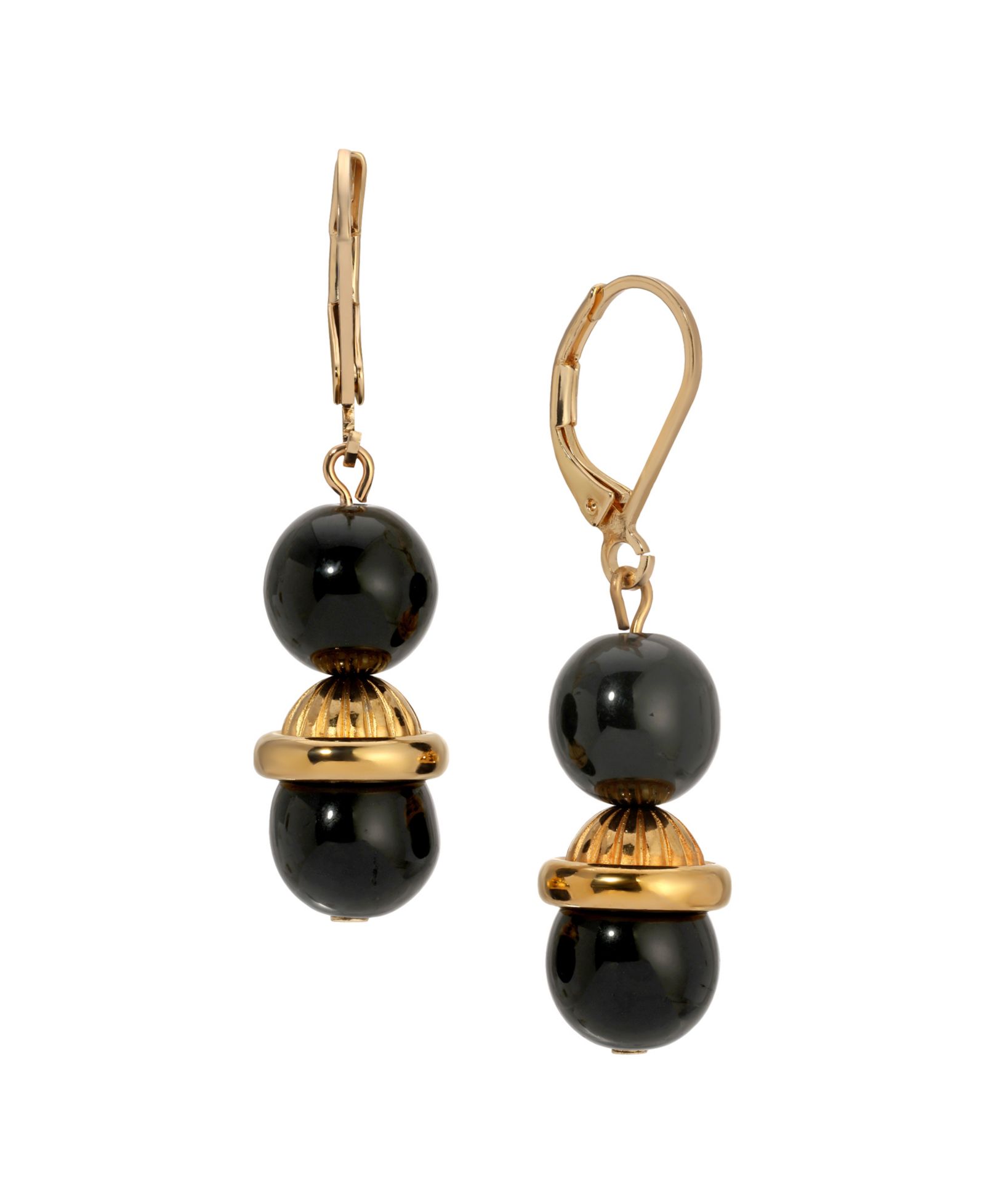 2028 Jet Gold Bead Drop Lever Back Earrings