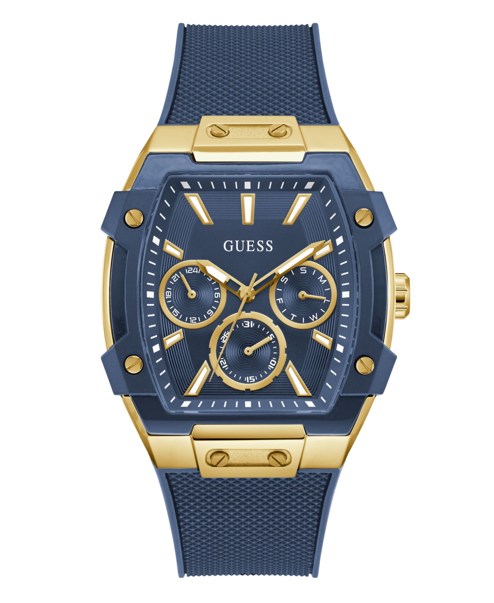 GUESS Men's Gold-Tone Indigo Silicone Multi-Function Watch, 44mm
