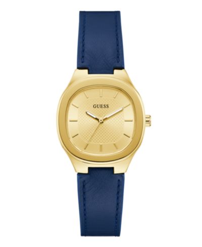 Женские аналоговые часы GUESS, золотистый тон, синяя кожа, 32mm