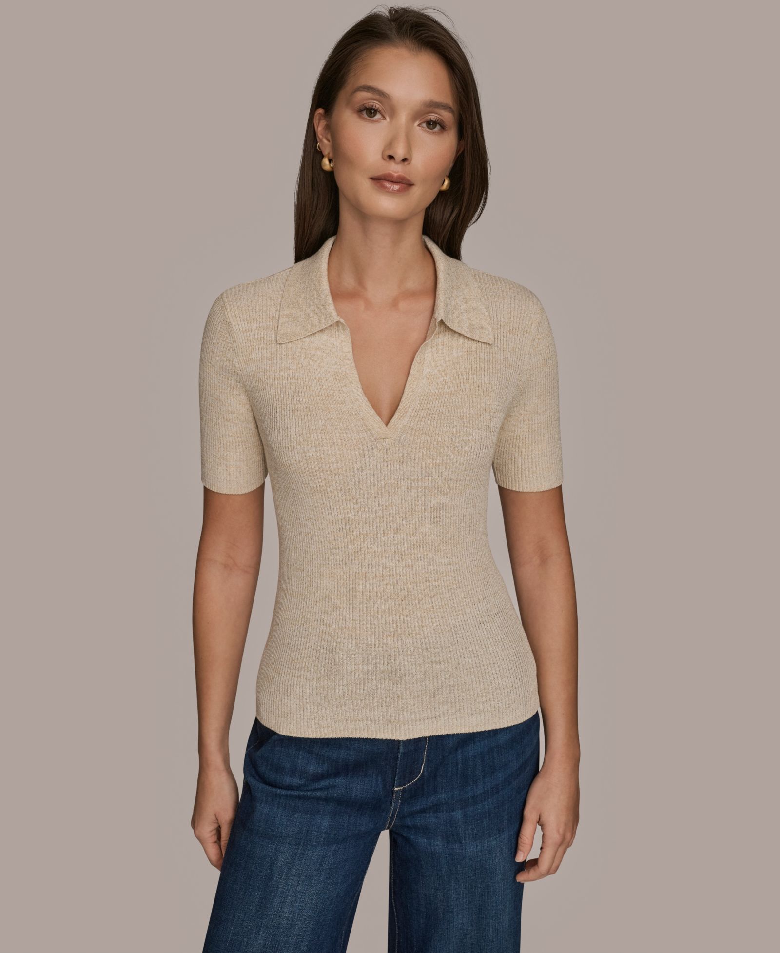 Джемпер Donna Karan Weekend Women's Cotton Rib Elbow Sleeve Polo