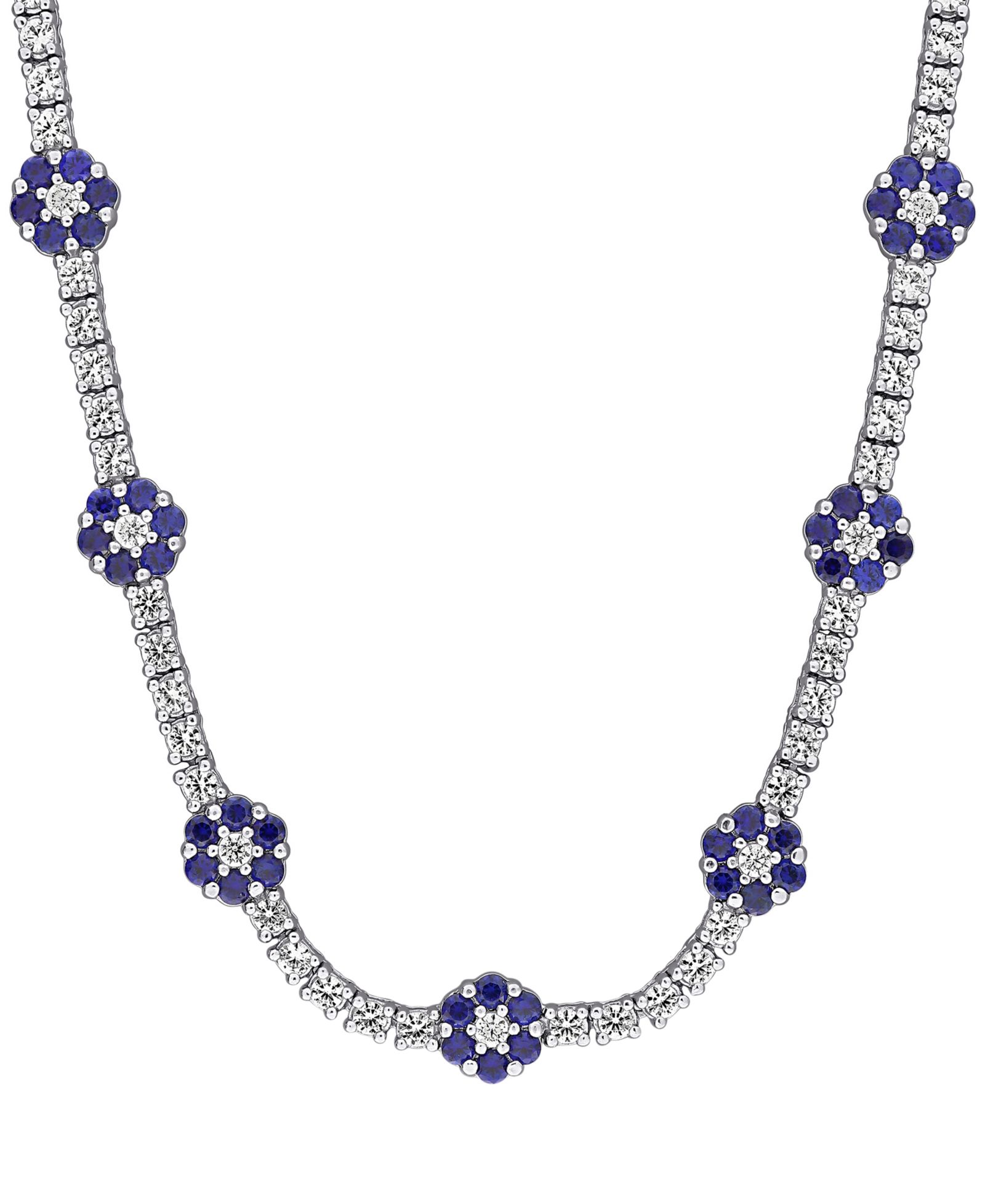 Macy's Lab Grown Sapphire (7/8 ct. t.w.) and Lab Grown White Sapphire (5-7/8 ct. t.w.) Floral Necklace in Sterling Silver